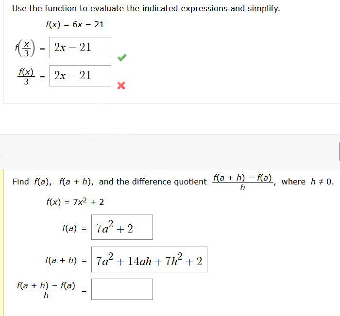 Indicated evaluate function use 9x simplify expressions 2x 2f transcribed text show