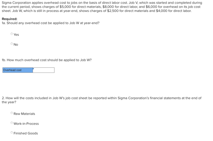 Sigma corporation applies overhead cost to jobs