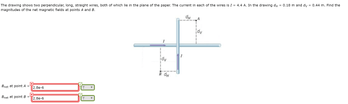 The drawing shows two perpendicular long straight wires